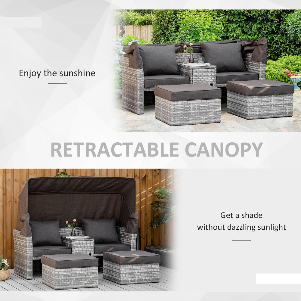 PE Rattan Daybed 2-Seater Sofa Footstool Tempered Glass Table