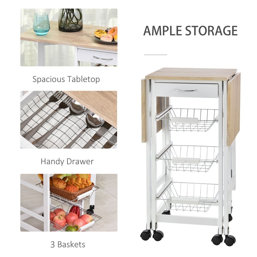 MDF Extendable Kitchen Island Trolley - White, Steel Drawers, Oak Countertop