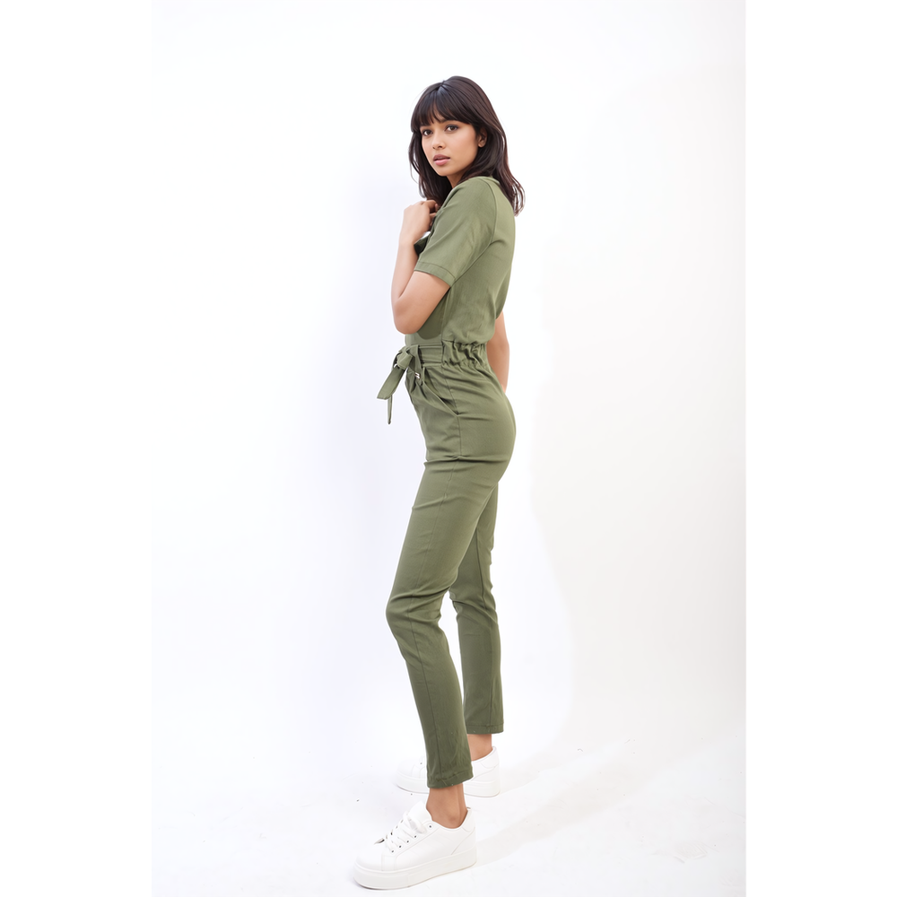 Adeline Collared V-Neck Zip Jumpsuit with Tie Belt: Stylish, Versatile, and Comfortable