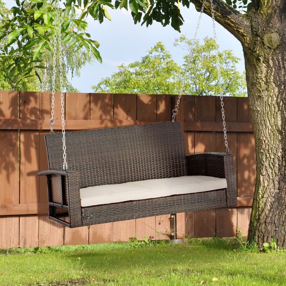Premium 2-Person Rattan Porch Swing Bench, Outdoor Chair Cushions, Cream White