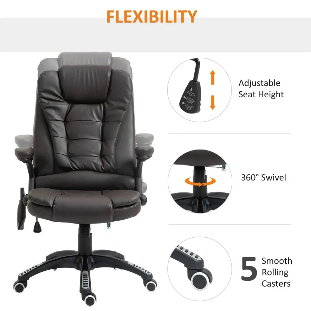 Ultimate Comfort Executive Office Chair with Massage and Heat - PU Leather Recliner, Brown