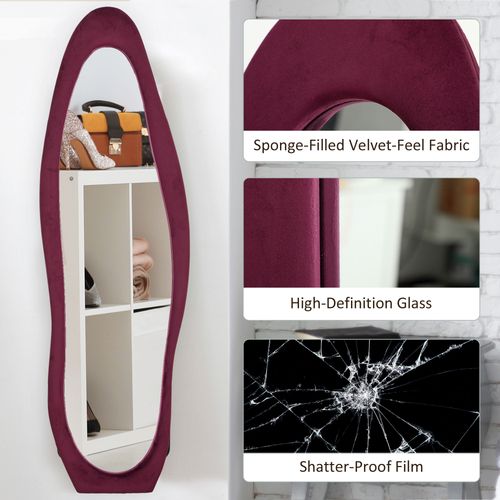 HOMCOM Irregular Full Length Mirror with Velvet Frame 160 x 50cm Wine Red