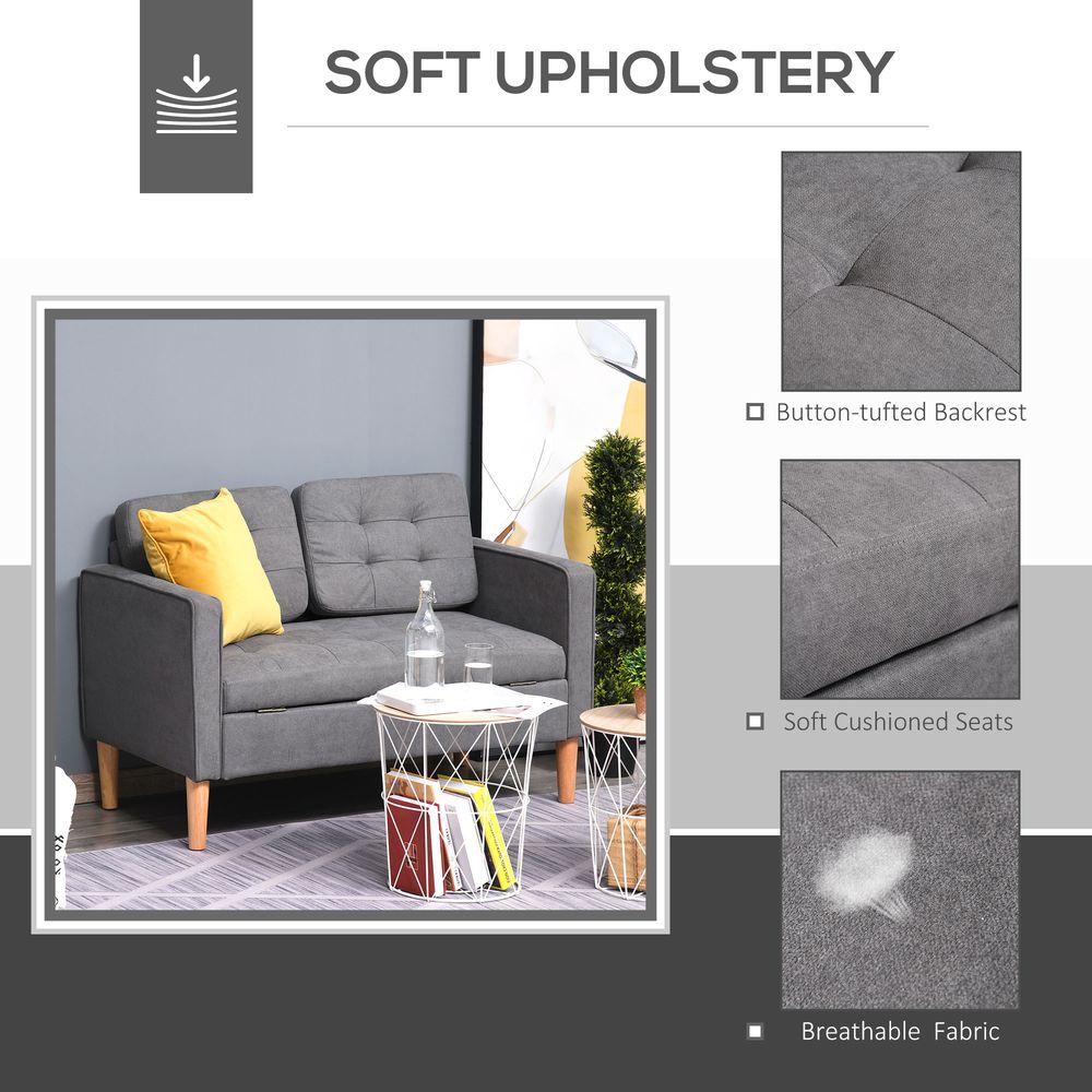 HOMCOM Compact Loveseat Sofa 2 Seater Sofa with Storage and Wood Legs Grey
