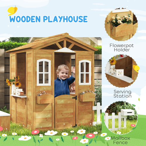 Outsunny Wooden Outdoor Playhouse w/ Door Windows Bench for Kids Children