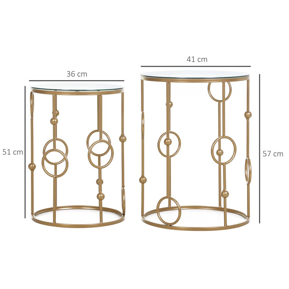 HOMCOM Round Coffee Tables Set of 2, Gold Nesting Side End Tables with Tempered Glass Top, Steel Frame for Living Room, Gold E