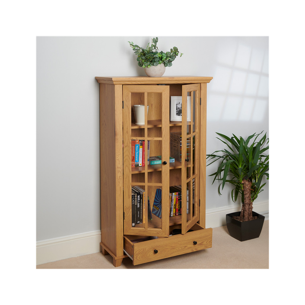 Greenhurst Display Cabinet, Media Storage with Shelving and Drawer, Double Perspex Doors H132.5 W76cm D30cm (Oak)