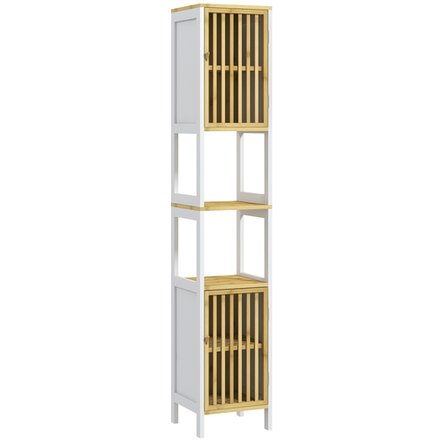 HOMCOM Tall Bathroom Cabinet Bamboo Bathroom Cupboard with Adjustable Shelves