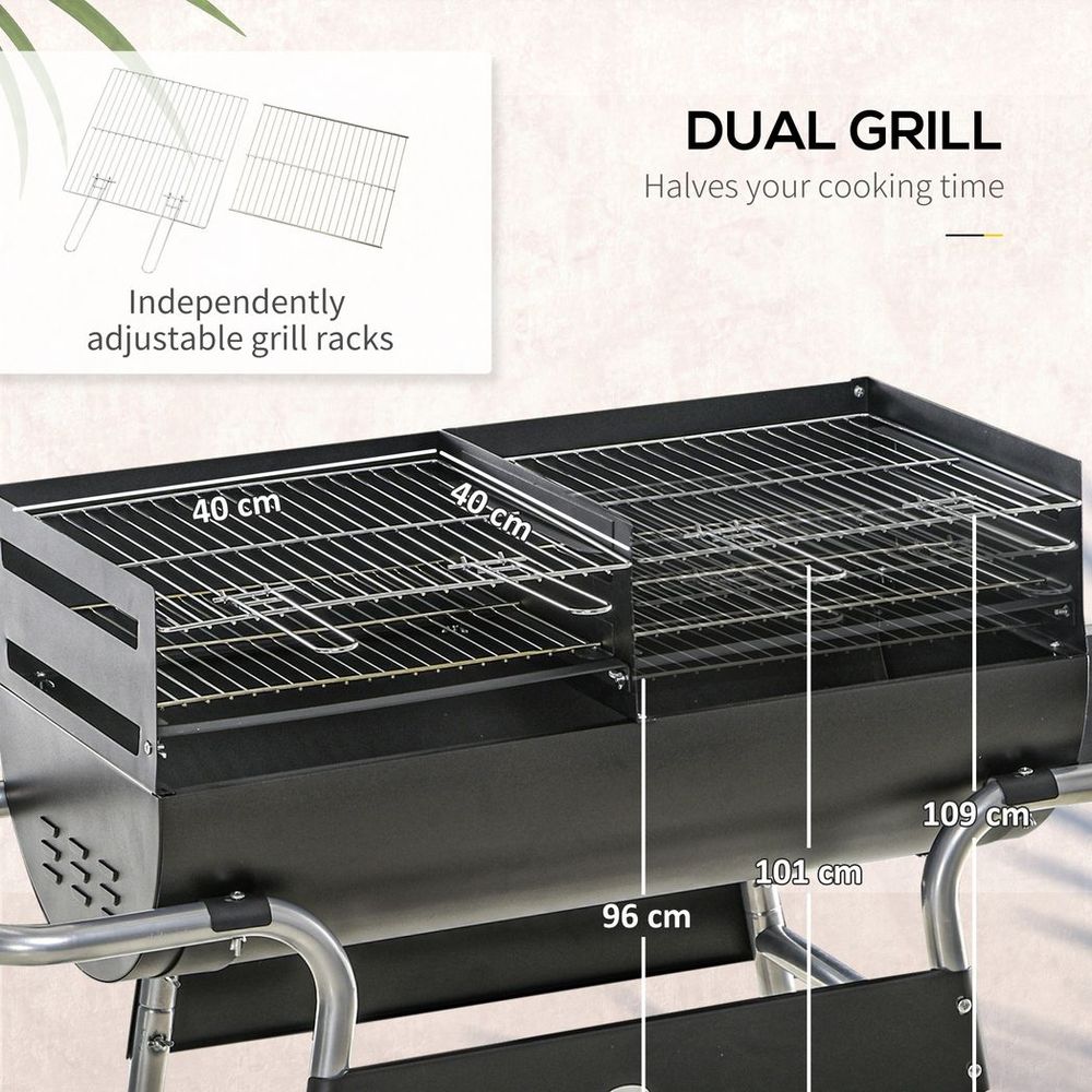 Outsunny Charcoal BBQ Grill - Double Grill, Table, Storage Shelf & Wheels - High-Quality Steel