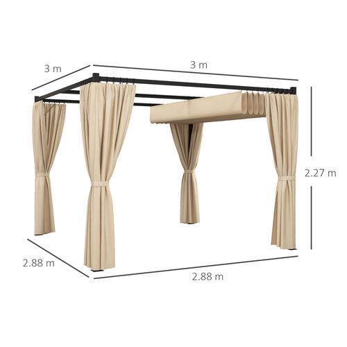 Outsunny 3 x 3(m) Pergola with Retractable Roof and Curtains, Beige
