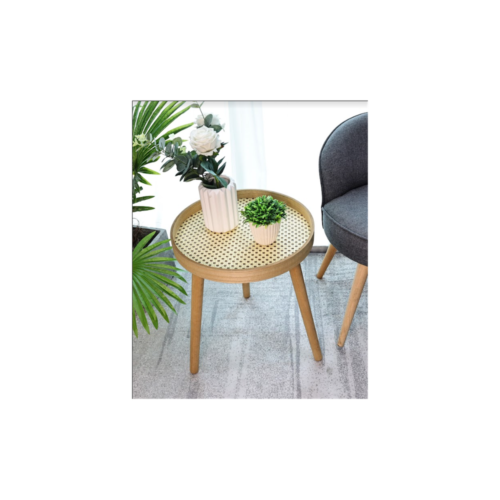 SHLEDECOR Cane Side Table With Rattan Circle Round Table - Solid Matte Oak Finish Legs - Sofa Table Stool End Table