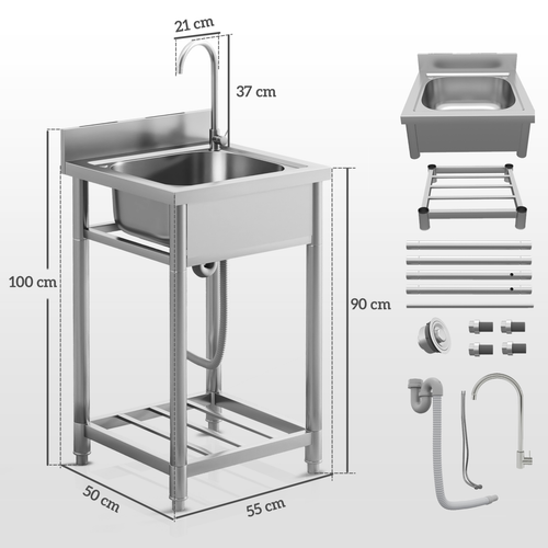 HOMCOM Stainless Steel Utility Sink with Cold and Hot Water Pipe