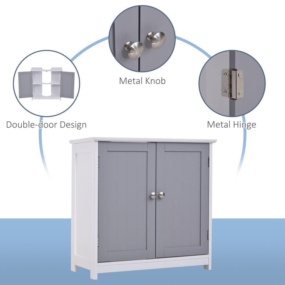 kleankin 60x60cm Under-Sink Storage Cabinet w/Adjustable Shelf Handles Drain Hole Bathroom Cabinet Space Saver Organizer White and Grey