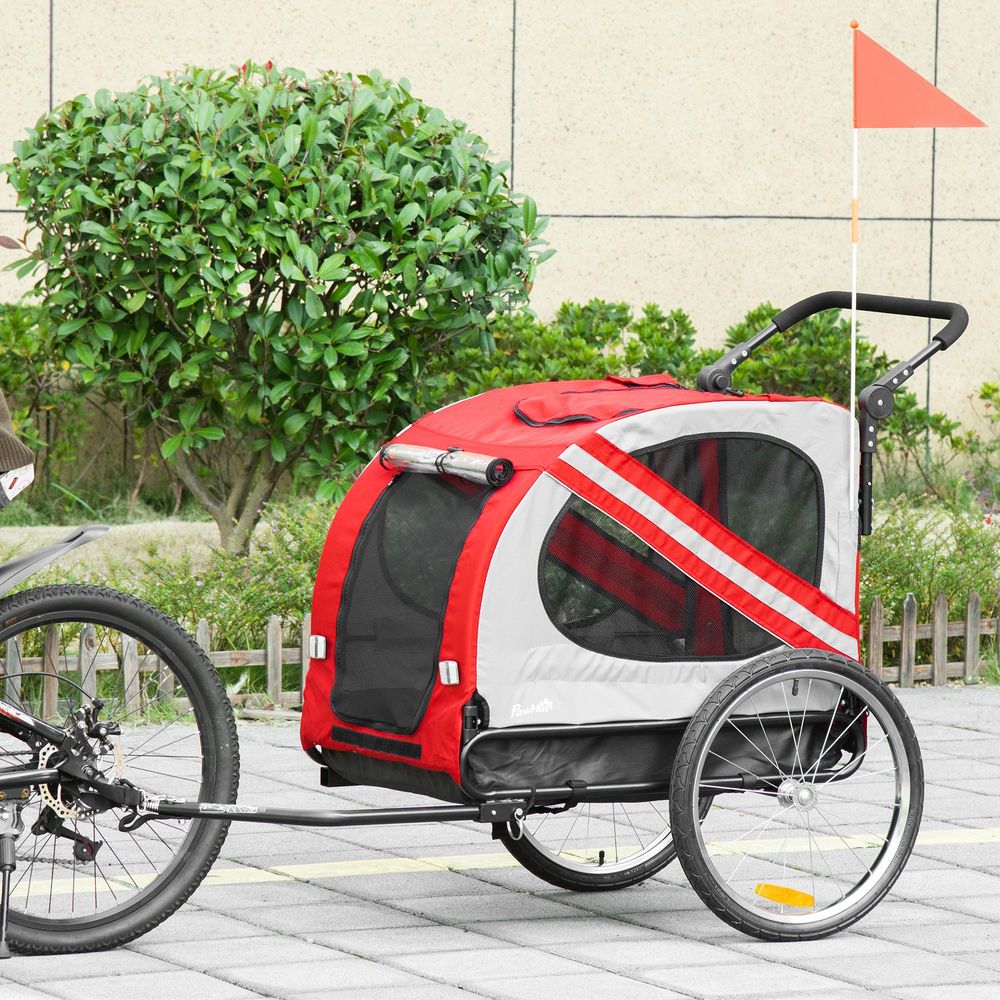 PawHut Dog Bike Trailer 2-in-1 Pet Stroller Cart Bicycle Carrier Attachment for Travel in steel frame with Wheels Hitch Coupler Reflectors Flag Red