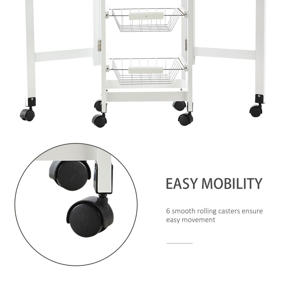 MDF Extendable Kitchen Island Trolley - White, Steel Drawers, Oak Countertop