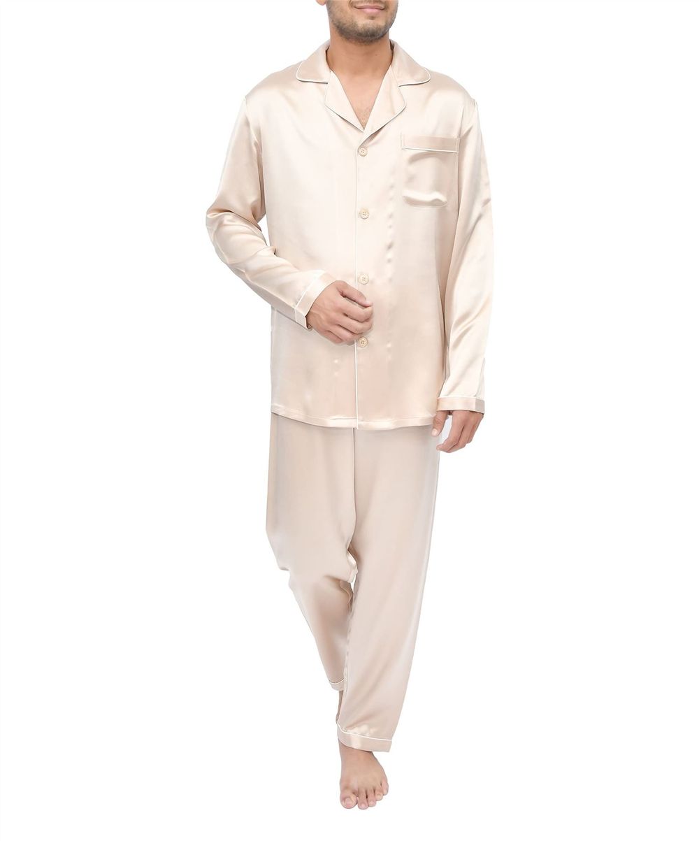 SILK PJS LONG SET MENS SMALL CHAMPAGNE Pyjamas