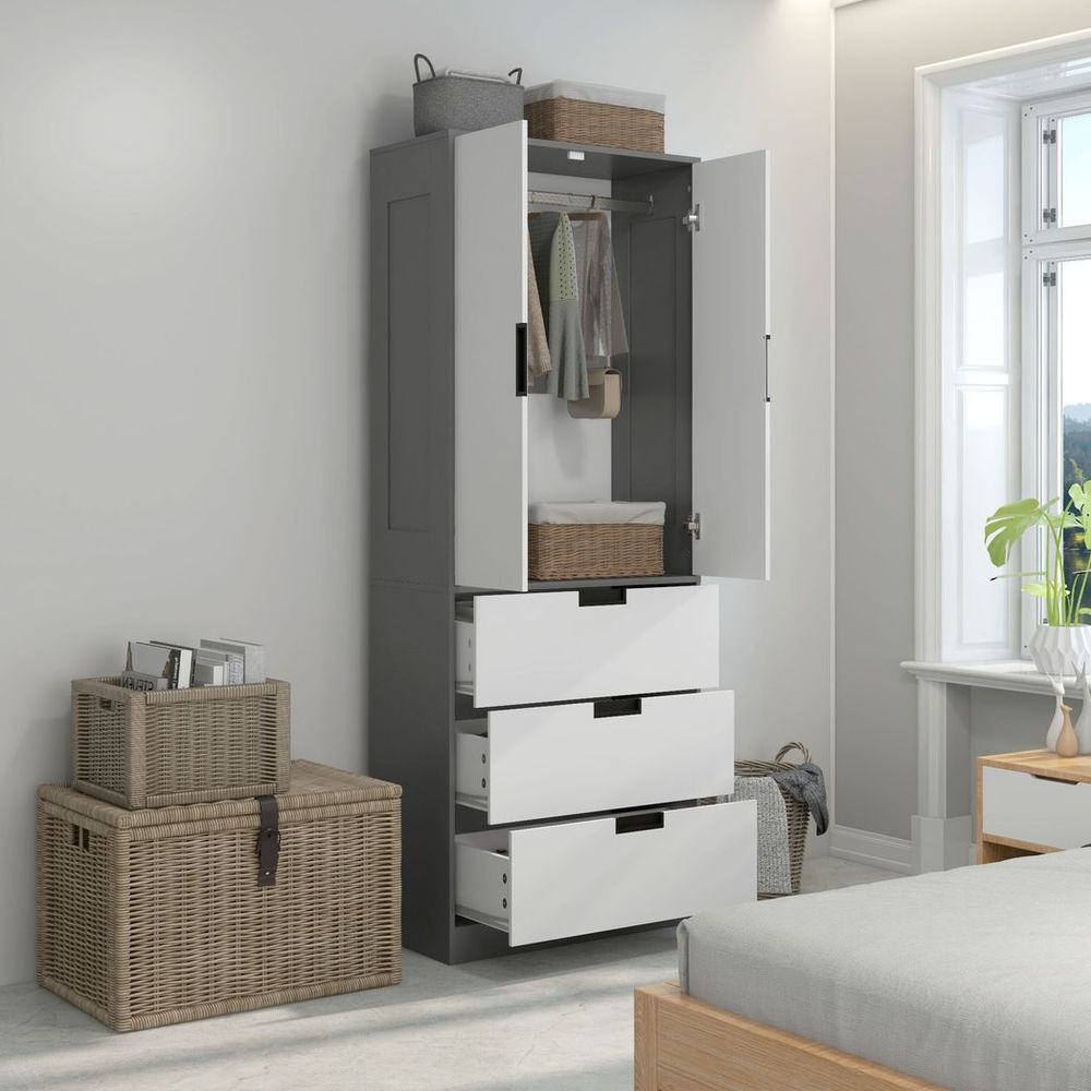 HOMCOM Grey 2 Door Wardrobe | 3 Drawer | Hanging Rod | Bedroom Storage