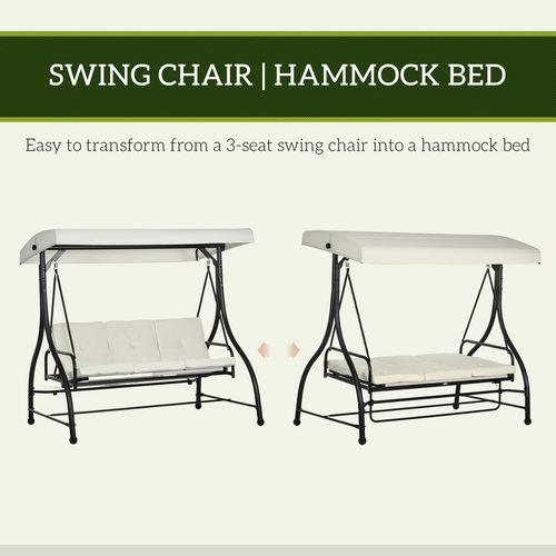 Outsunny 3 Seater Canopy Swing Chair Porch Hammock Bed Rocking Bench Cream White