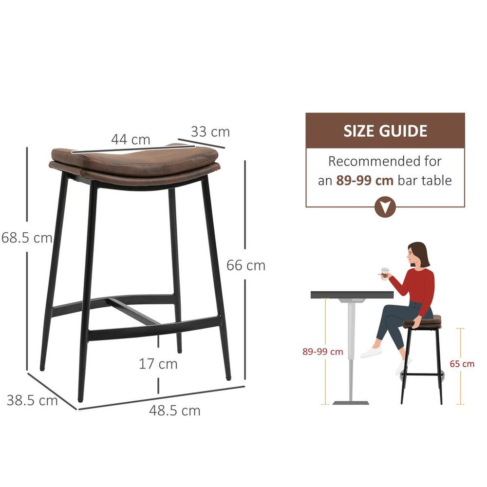 HOMCOM Breakfast Bar Stools Set of 2 Upholstered Barstools w/ Curved Seat Brown