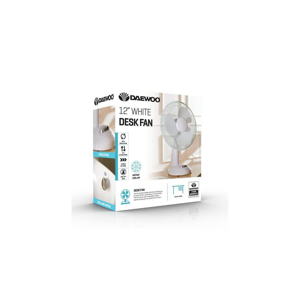 Daewoo 12" White Desk Fan - Stay Cool with Powerful Airflow - 3 Speed Settings - Ideal for Home or Office