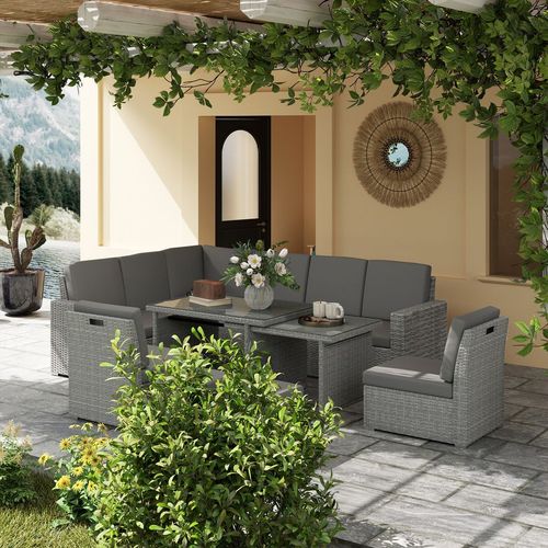 Outsunny 10-Seater Sofa Sectional w/ Cushioned Seat, Footstools and Glass Table