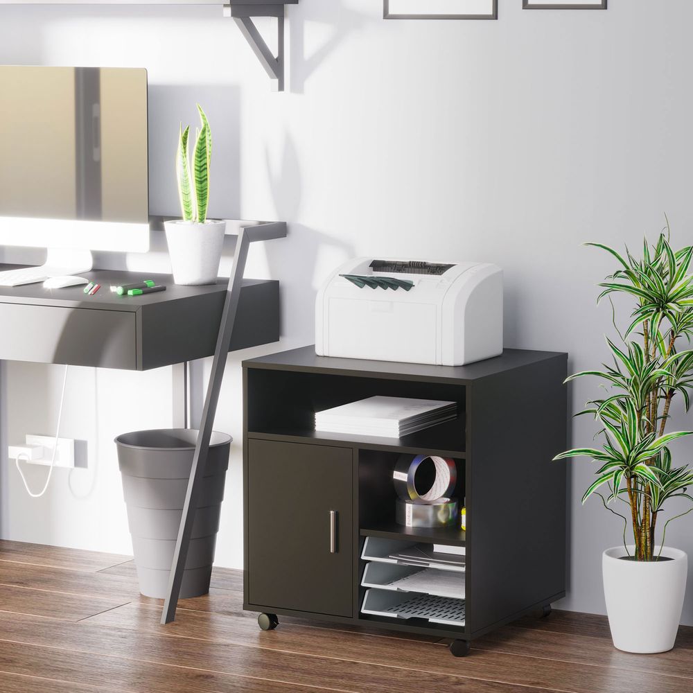 HOMCOM Multi-Storage Printer Stand Unit Office Desk Side Mobile Storage w/Wheels Modern Style 60L x 50W x 65.5H cm - Black