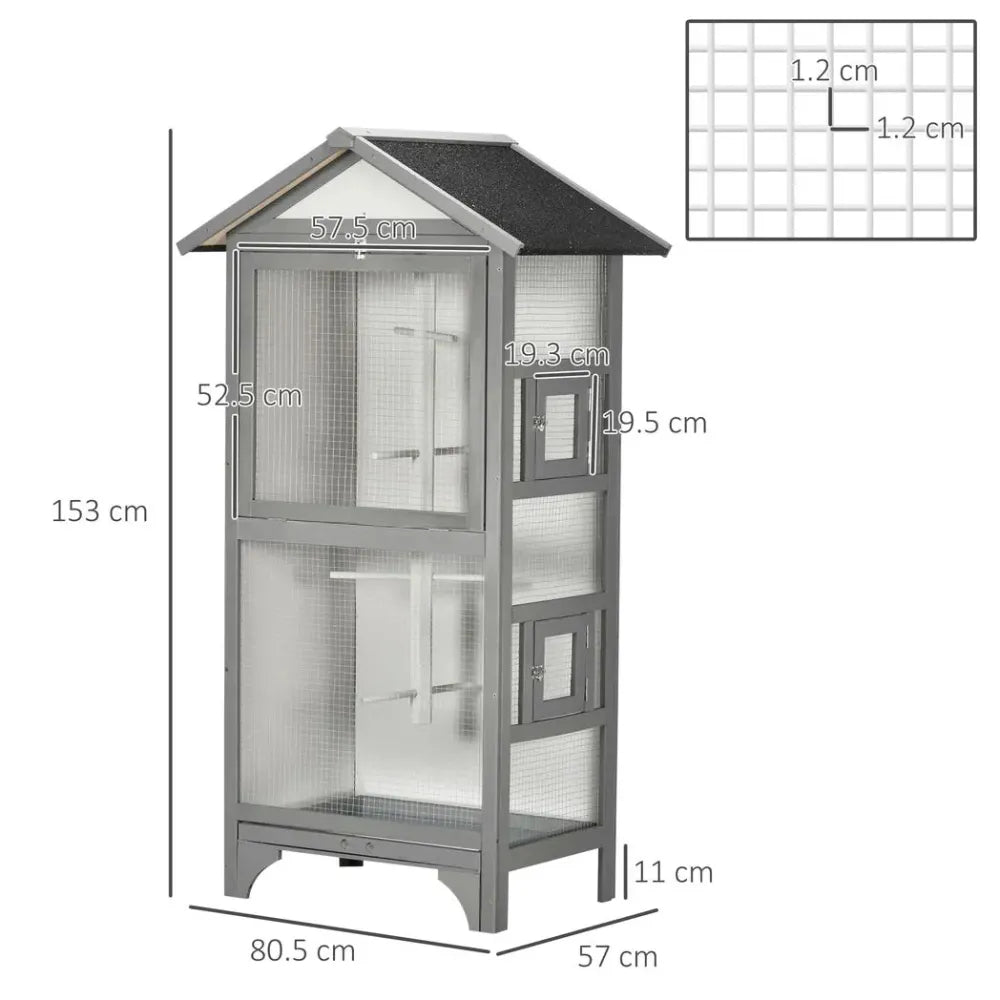 Premium Fir Wood Bird Aviary - Finch, Canary - Removable Tray - Asphalt Roof - Grey