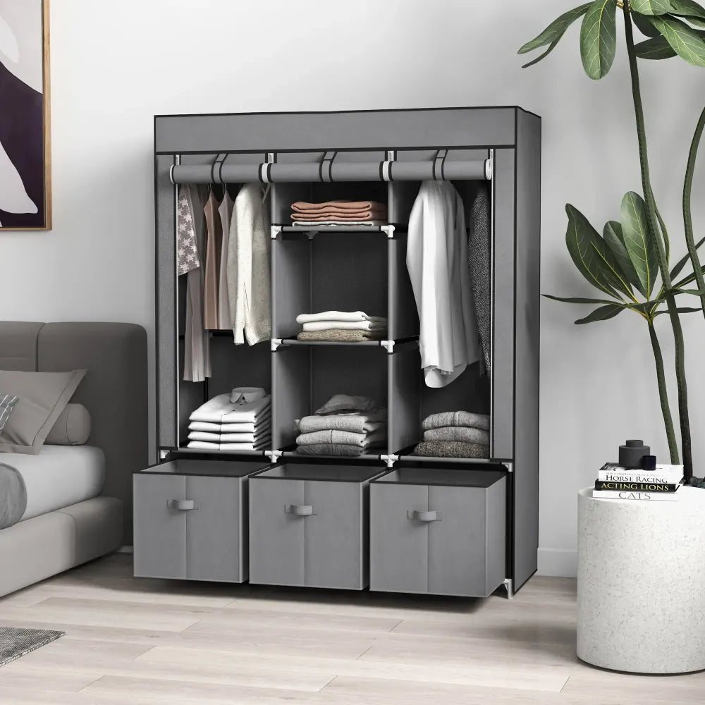 HOMCOM Portable Wardrobe - 5 Shelves, 3 Drawers, 2 Rails - Grey