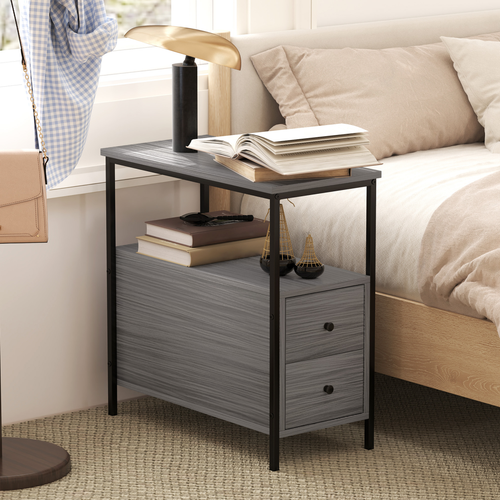 HOMCOM Narrow End Table, Sofa Side Table with 2 Drawers Storage Shelf, Grey