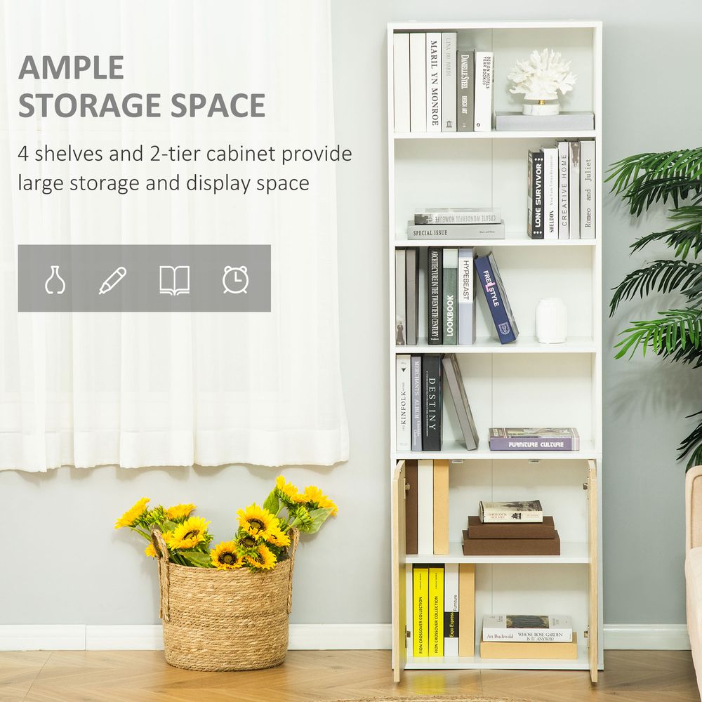 HOMCOM 2-Door Bookcase Cupboard - White/Oak - 4 Shelves - High Quality & Stylish