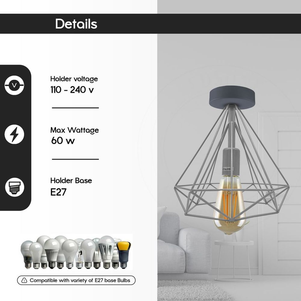 Retro Red Metal Cage Ceiling Light - Vintage Semi Flush Mount Lampshade (E27 Holder)
