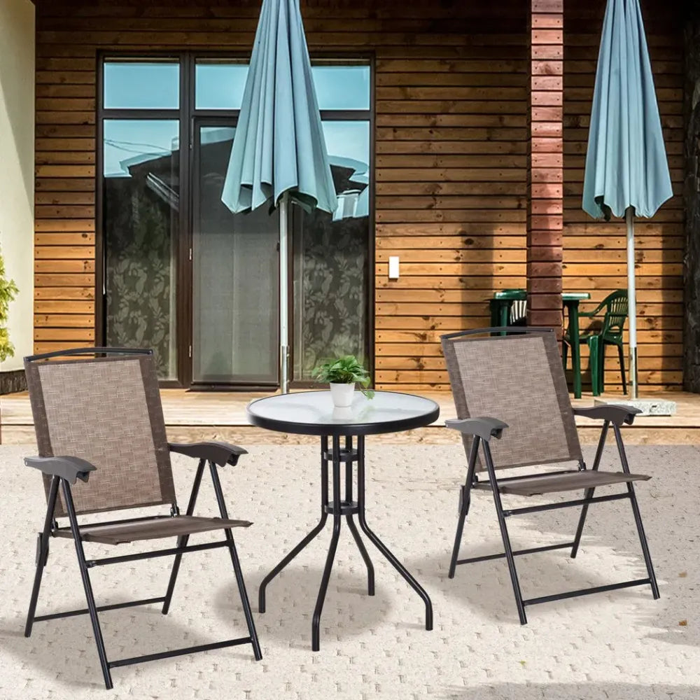 3 PCS Patio Furniture Bistro Set | Folding Chairs | Tempered Glass Table | Brown