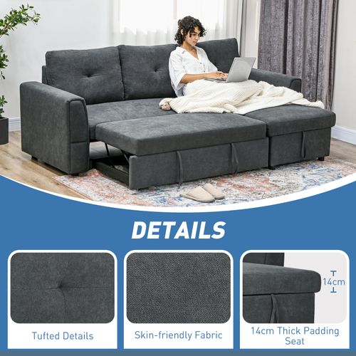HOMCOM 3 Seater Sofa Bed, Convertible Pull Out Sofa with Storage, Dark Grey