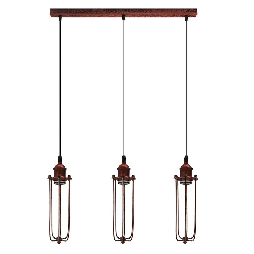 Vintage Rustic Red Pendant Lamp - 3 Head Reactangle Base, Metal Shade, E27 Base, Brushed Light, Long Wire - High Quality