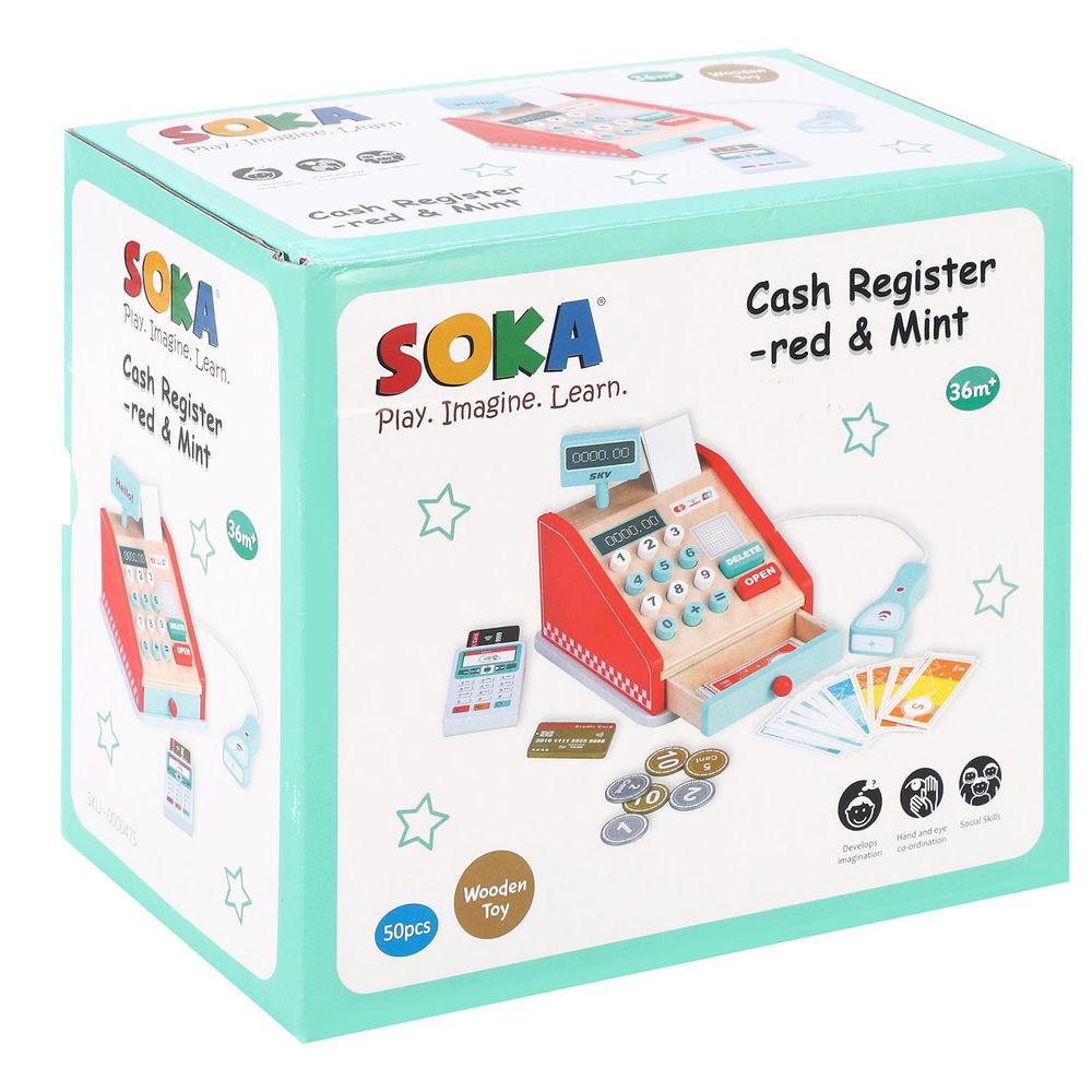 SOKA Wooden Cash Register-Red & Mint: Realistic Accessories, Authentic Game Experience - 0000475