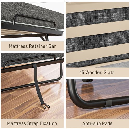 HOMCOM Folding Bed with Mattress Foldable Guest Bed on Wheels w/ Cover Dark Grey