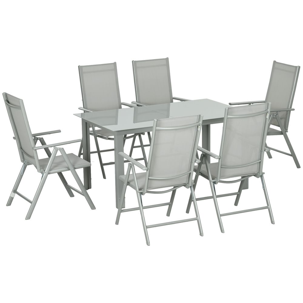 Premium Outsunny 7pc Garden Dining Set, Aluminium, Grey, High Back Chairs, Tempered Glass