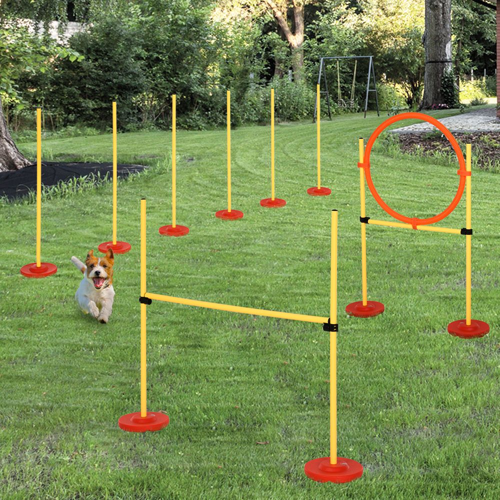 PawHut Dog Agility Equipment Training Portable Obstacle for Pet w/Adjustable Hurdles, Jumping Ring, Weave Poles