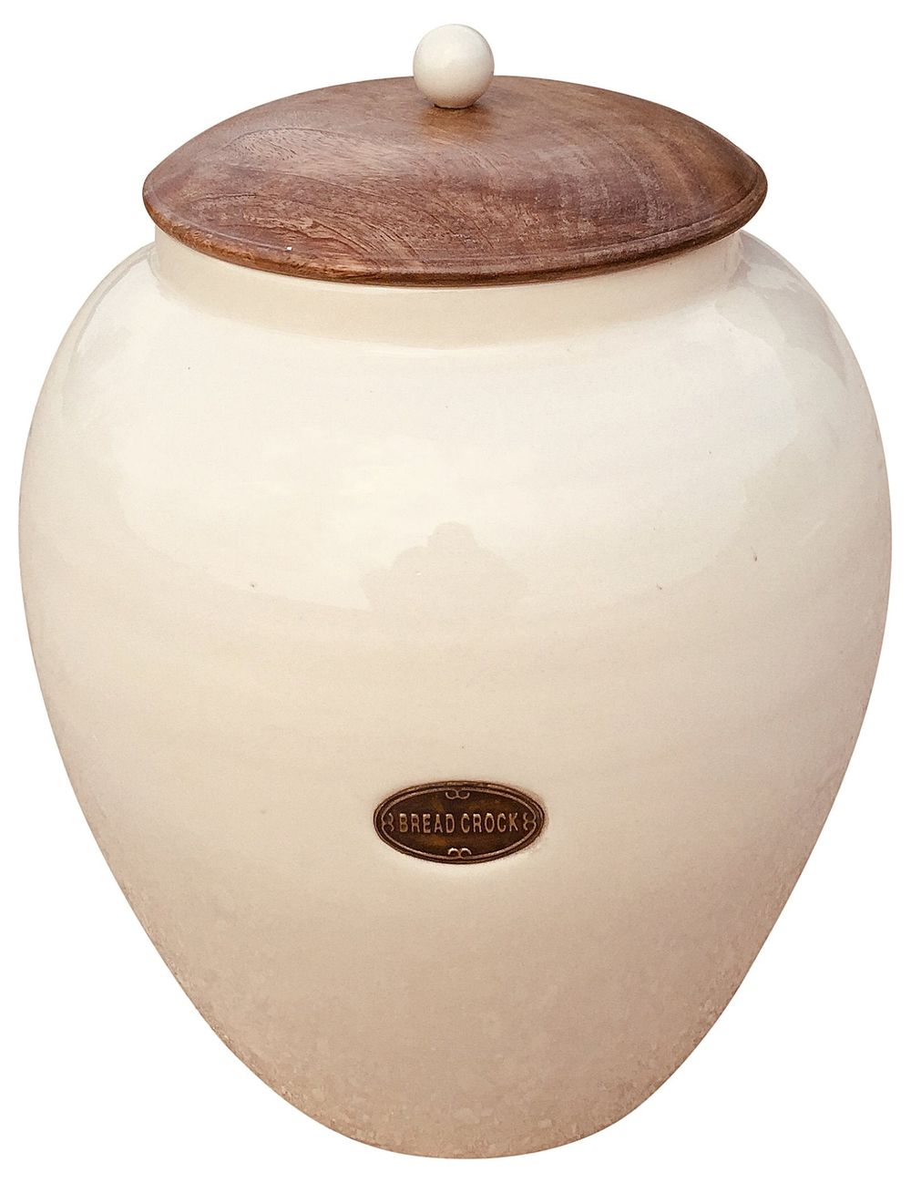 Cream Ceramic Bread Bin - Large Glazed Finish with Wooden Lid - High Quality - 31cm x 31cm x 37cm