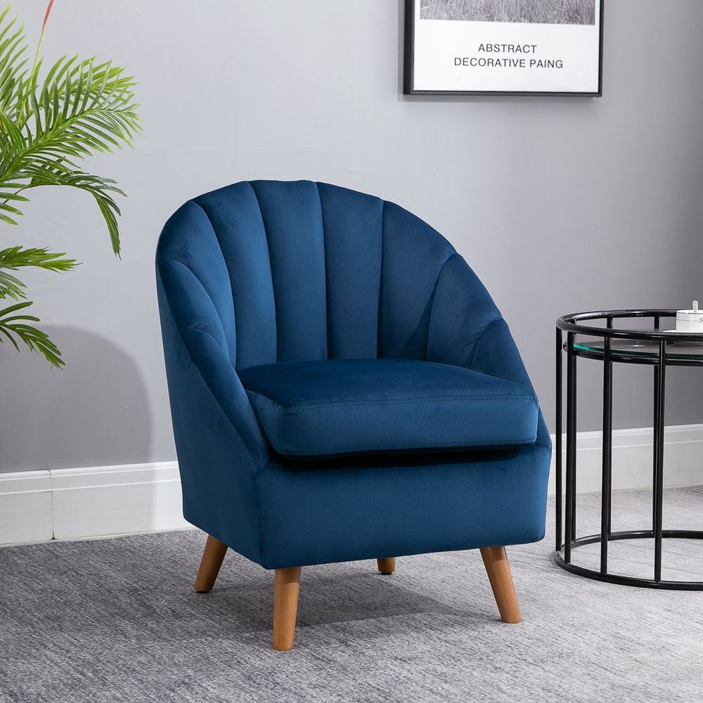 HOMCOM Velvet Fabric Single Sofa Accent Chair Solid Wood Leg Upholstered Blue