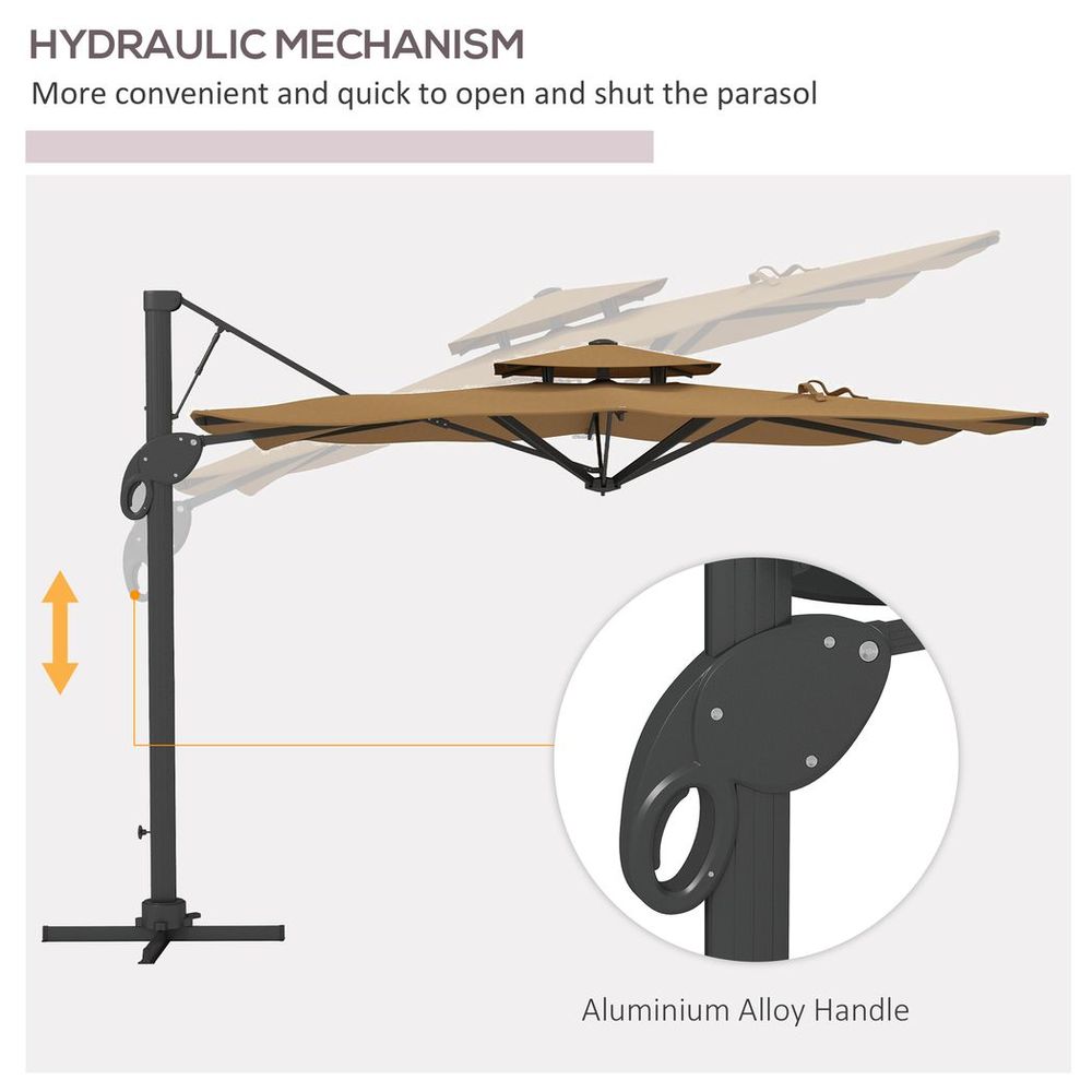Outsunny 3m Dual Top Khaki Patio Umbrella - Hydraulic Mechanism, High-Quality - Create Shade Anywhere!