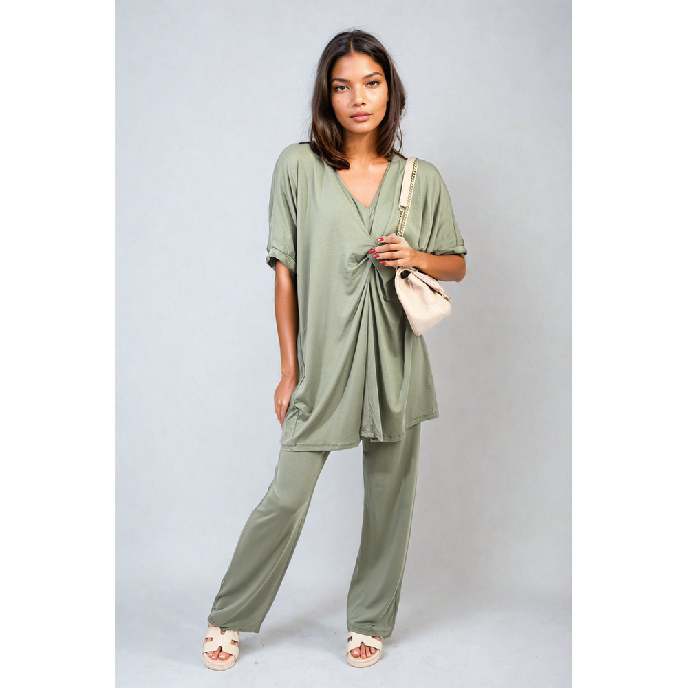 Effortless Elegance: Tiana Twist Front Plunge Neckline Top and Trouser Co-ord Set