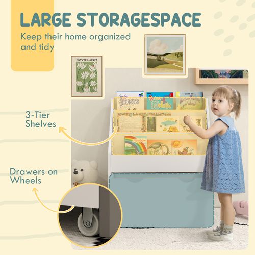 AIYAPLAY Kids Bookcase w/ 3 Tier Shelves, Drawer, for Bedroom, Nursery, White