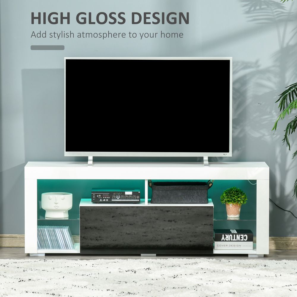 HOMCOM TV Unit, LED TV Stand Cabinet, High Gloss TV Table with Lights and Storage Shelf for 55 inch TVs for Living Room, Bedroom, Black and White