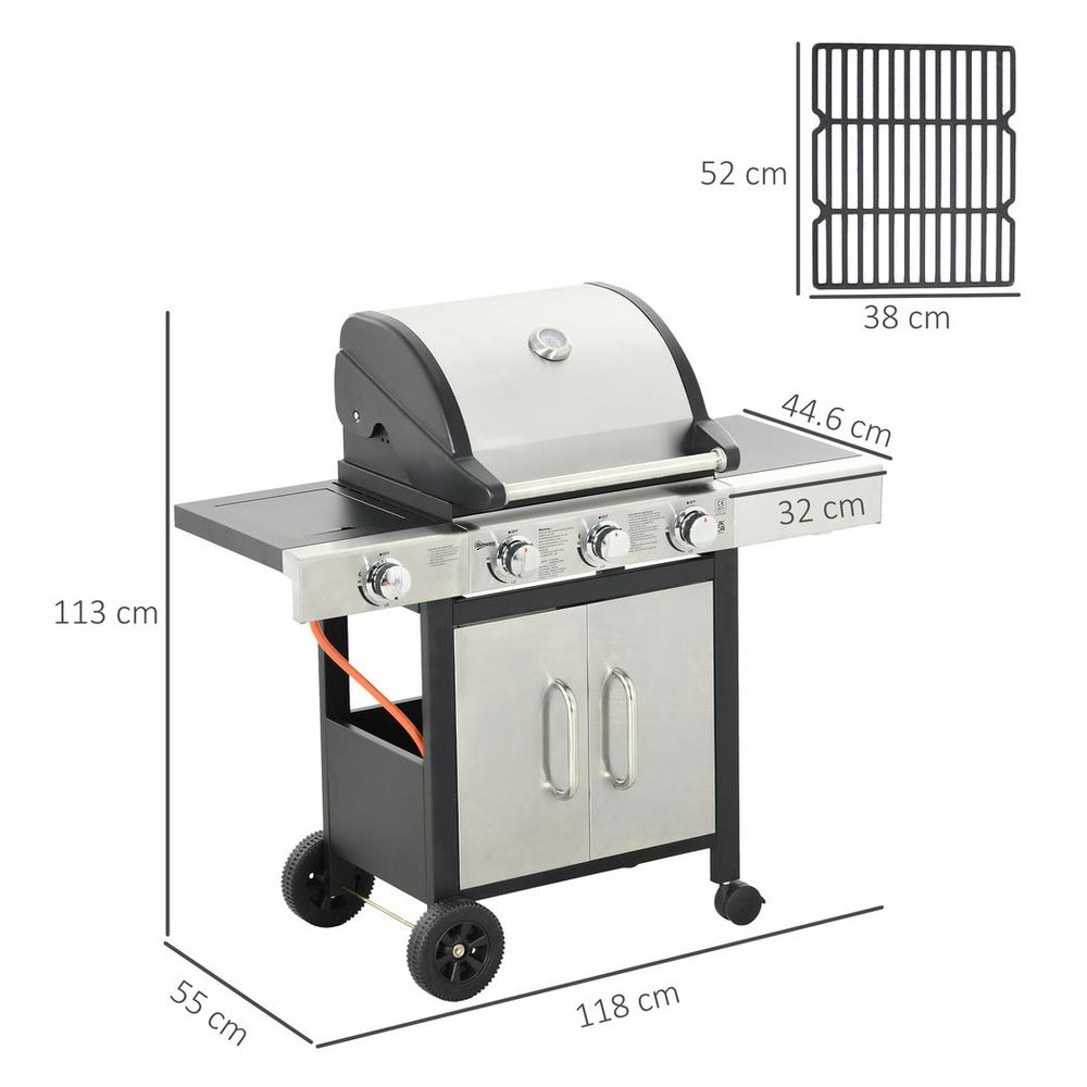Outsunny Deluxe Gas BBQ Grill 3+1 Burner Garden w/ Large Cooking Area & Side Gas Burner