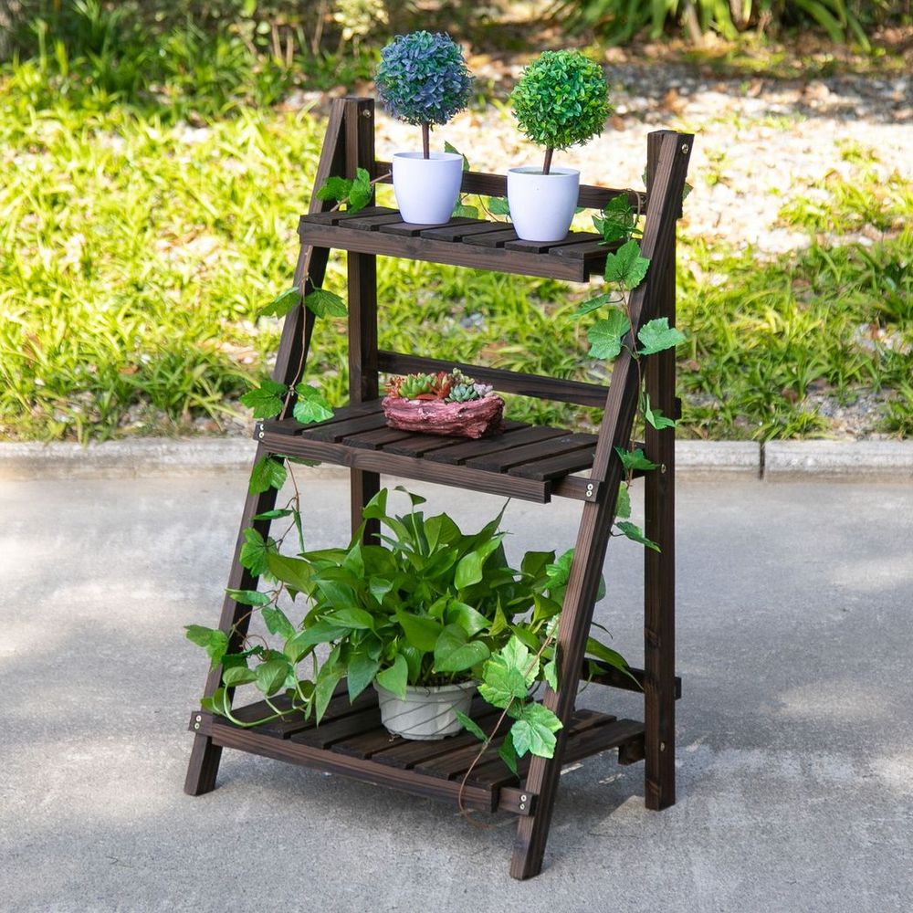 Foldable Wooden Plant Shelf: 3-Tier Stand for Indoor/Outdoor Flower Pots