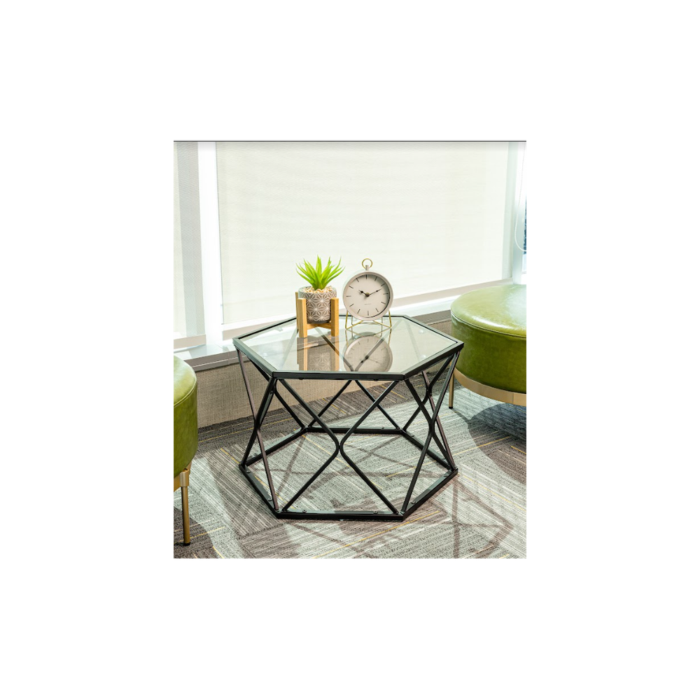 Premium Hexagon Black Coffee Side Table - Sleek Design, Tempered Glass Top