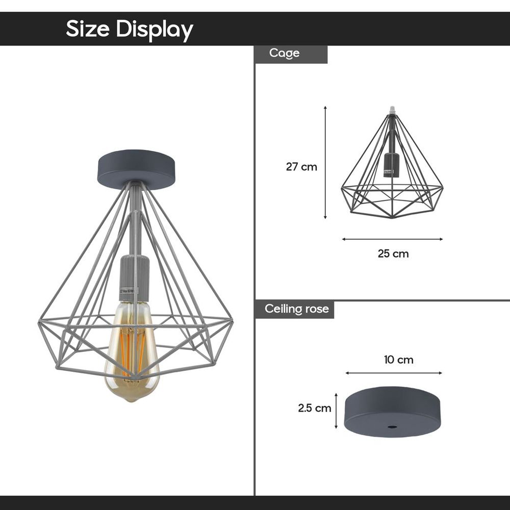 Retro Red Metal Cage Ceiling Light - Vintage Semi Flush Mount Lampshade (E27 Holder)