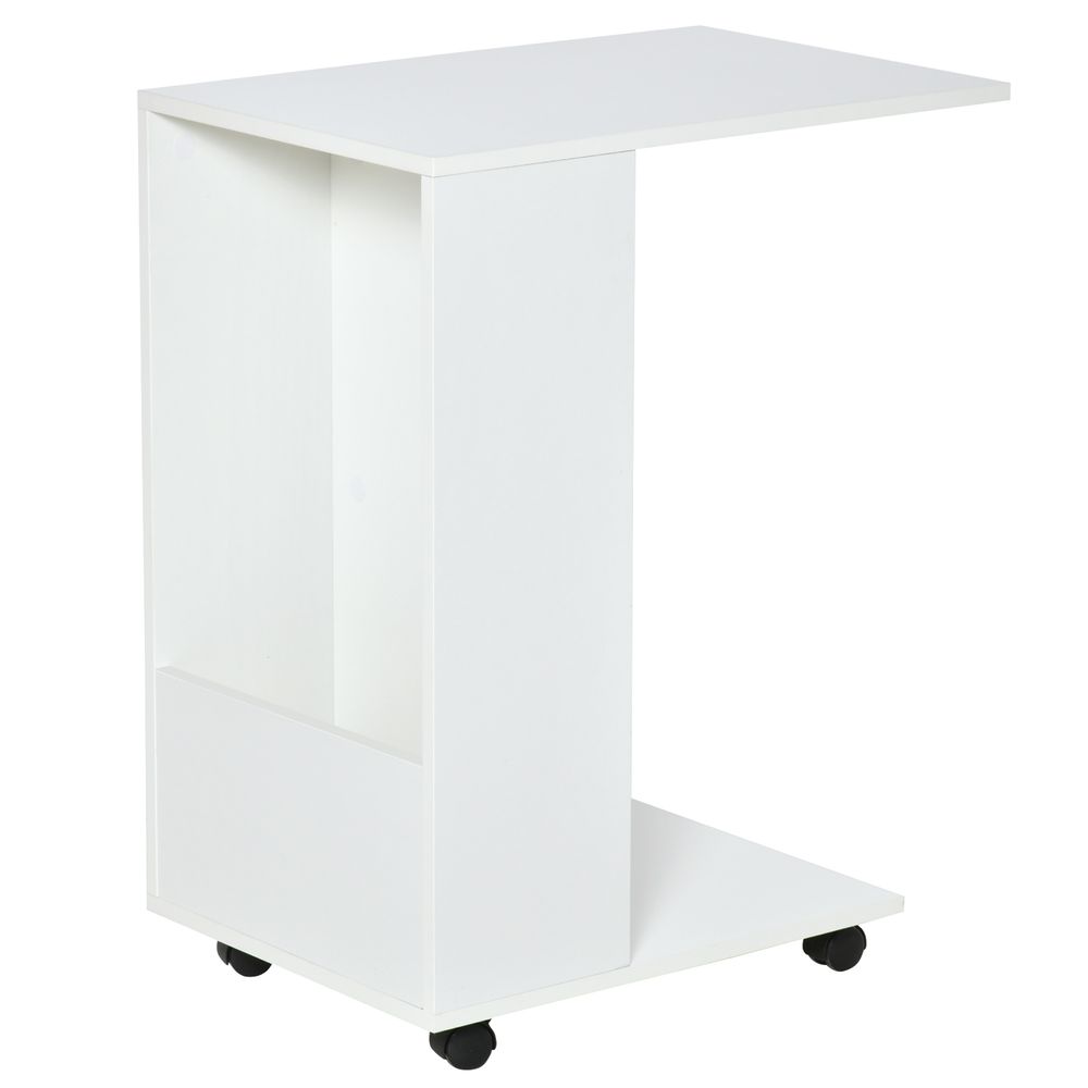 Mobile Sofa Side Table C-Shape End Table  White