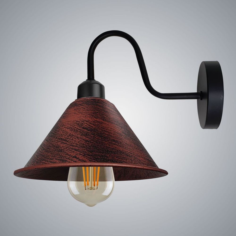 Rustic Red Vintage Wall Light Fixture Black Wall Sconce E27 Base Socket Screw Wall Mounted Swan Neck Cone Shape Shade