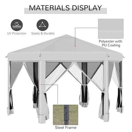 3.2m Pop Up Gazebo Hexagonal Canopy Mesh Sidewalls, Bag, Light Grey
